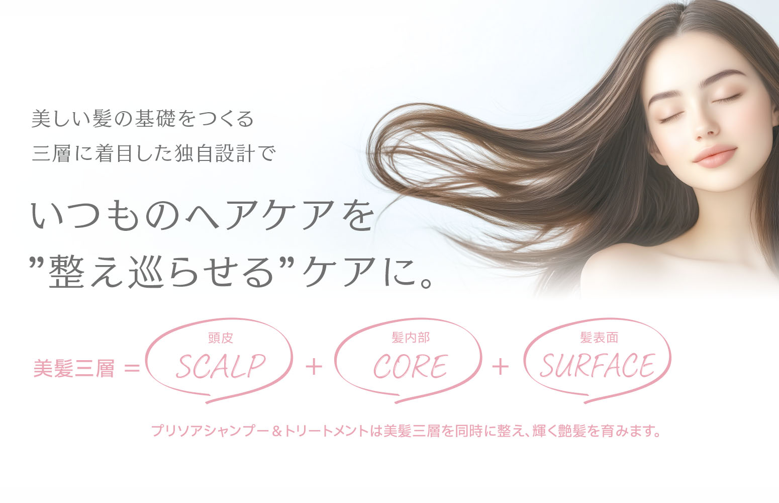 美しい髪の基礎をつくる。三層に着目した独自設計で。 いつものヘアケアを”整え巡らせる”ケアに。 美髪三層 ＝頭皮（SCALP）+髪内部（CORE）+髪表面（SURFACE） プリソアシャンプー＆トリートメントは美髪三層を同時に整え、輝く艶髪を育みます。